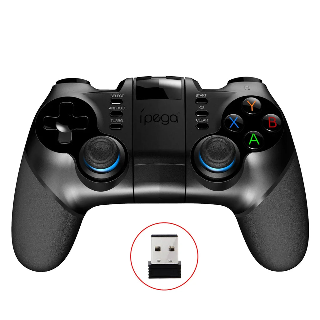 Black wireless game controller with colorful action buttons, blue-accented joysticks, and a USB receiver.