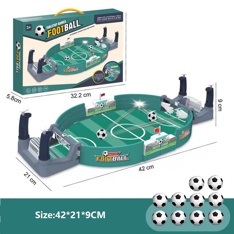 Tabletop football game with green pitch, two goals, manual controllers, and ten mini soccer balls. Size: 42x21x9cm.