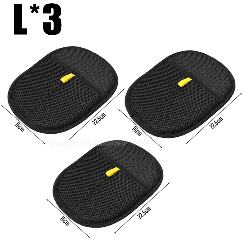 Set of three oval black mesh seat pocket organisers with a yellow tab, each measuring 16cm by 22.5cm.