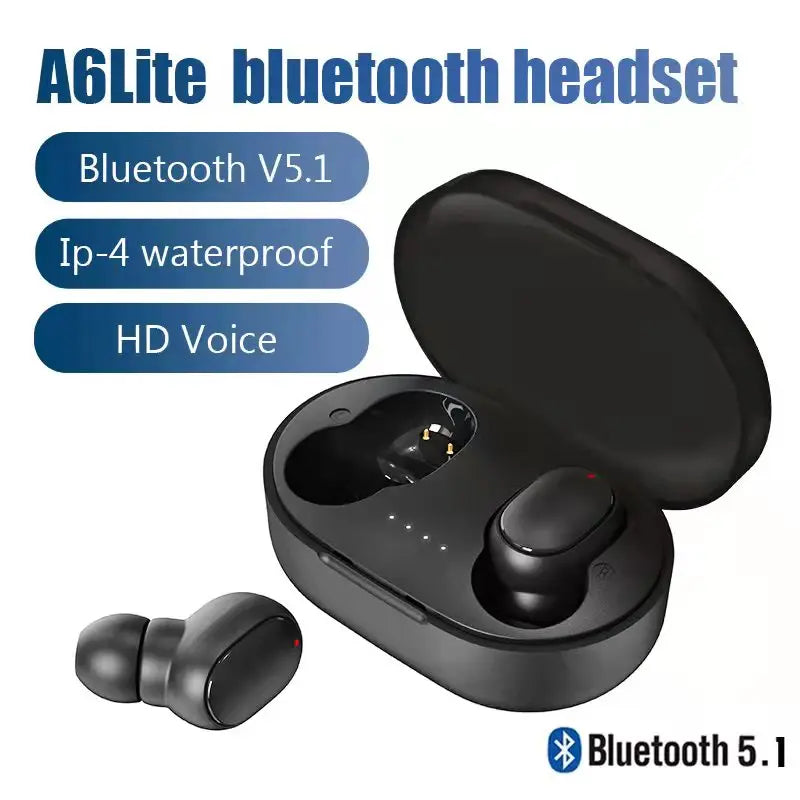 Black true wireless Bluetooth earbuds with a compact, oval-shaped charging case.
