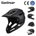 Eastinear matte black full face mountain bike helmet with detachable chin guard and ventilation slots.