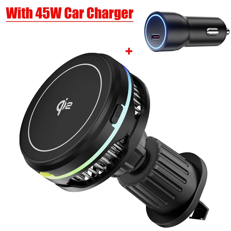 Black magnetic car phone mount with integrated cooling fan and RGB lighting, bundled with a 45W car charger.