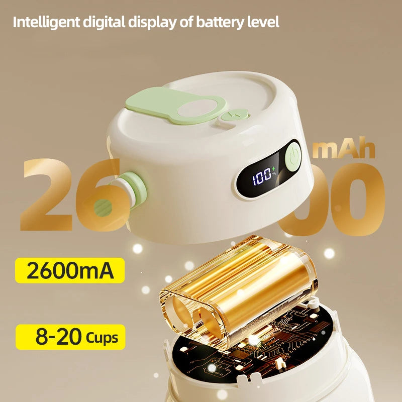 Cream and light green portable blender base with a digital battery display and internal gold battery component.
