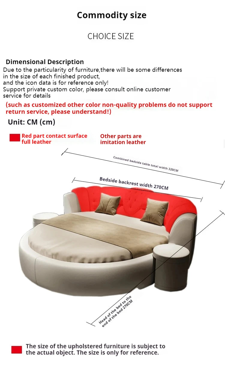Modern round double bed in cream upholstery with an integrated red headboard and two matching side tables.