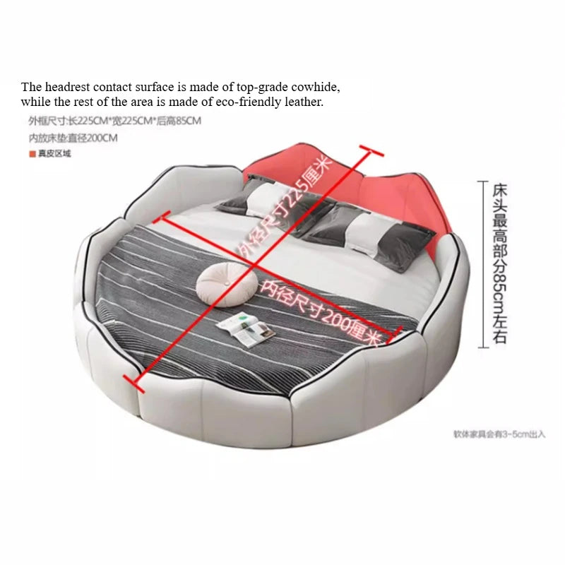 Luxury round bed frame in white leather with a contrasting red headrest and modern, segmented curved design.
