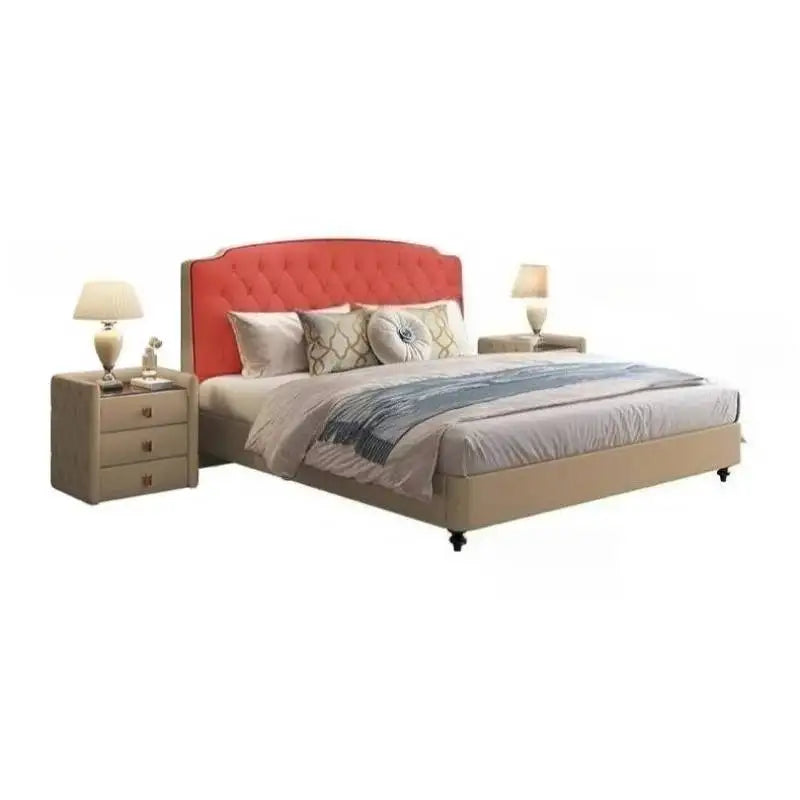 Modern queen bed frame with a vibrant coral tufted headboard, beige upholstered base and matching bedside tables.