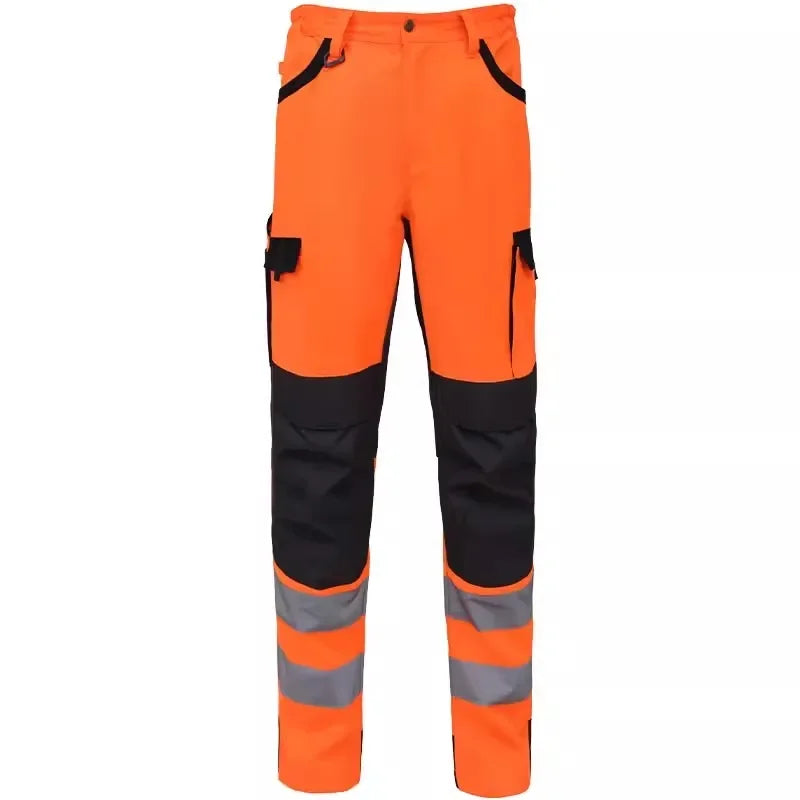 Orange and black high-visibility work trousers with reflective strips, multiple pockets, and reinforced knees.