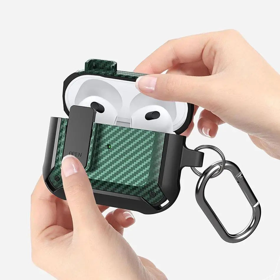 Green carbon fibre-style protective case for AirPods 3 with black frame, secure latch, and metal carabiner.