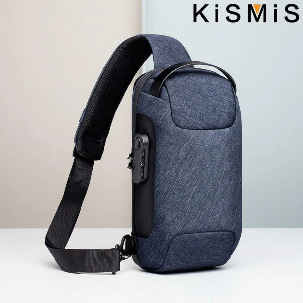 Navy blue waterproof crossbody sling bag with a built-in anti-theft combination lock and USB charging port.