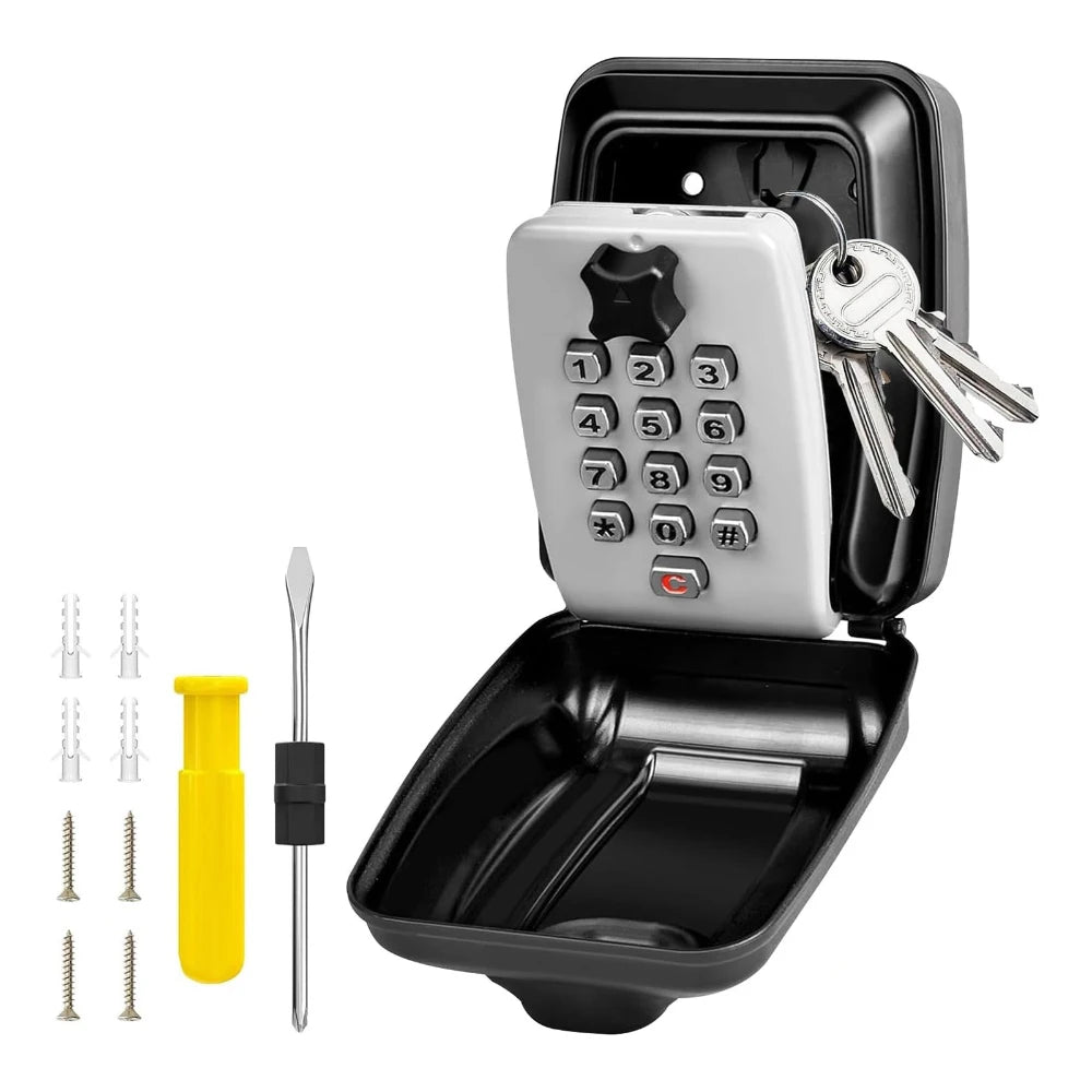 Black metal wall-mounted key lock box with white numeric keypad, keys, wall anchors, screws, and screwdriver.