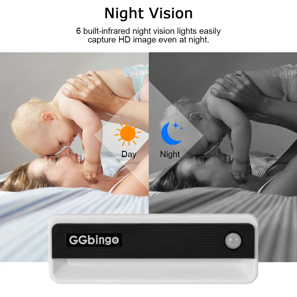 White and black plastic camera with six infrared night vision lights shown capturing day and night baby monitor images.