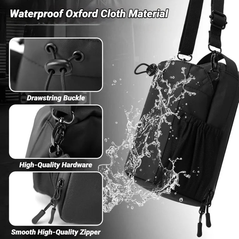 Black waterproof Oxford cloth crossbody bag with drawstring closure, durable hardware, and zips.