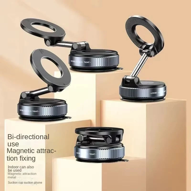 Black magnetic phone mount with a foldable, multi-angle arm and a suction cup base, shown in three different positions.