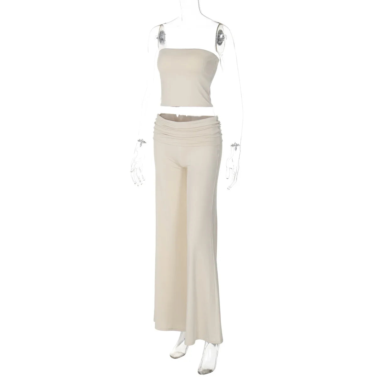 Cream two-piece set featuring a strapless crop top and high-waisted, wide-leg trousers with a ruched fold-over waist.