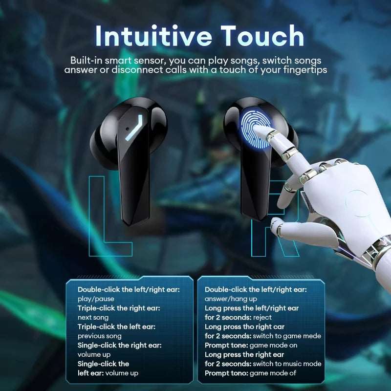 Glossy black wireless earbuds with blue light accents, featuring touch-sensor controls shown by a robotic finger.