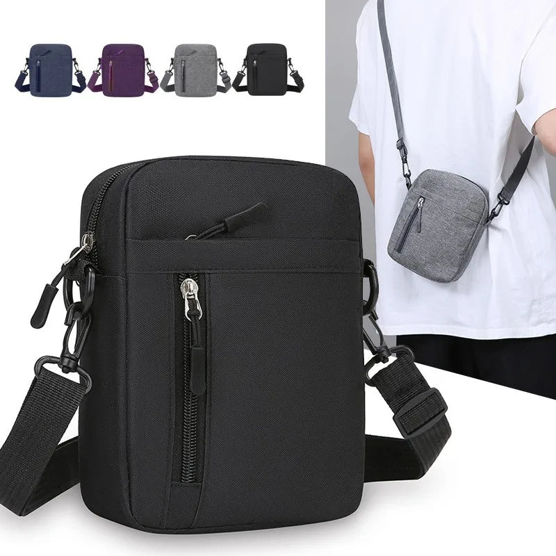 Men’s compact crossbody bag with an adjustable strap, front zip pocket, and durable fabric. Available in four colours.