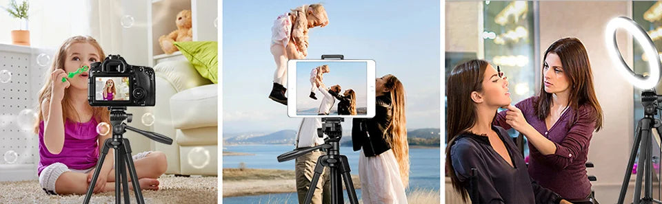 Black camera tripod with adjustable stand, suitable for tablets, cameras, and ring lights for photography and video.