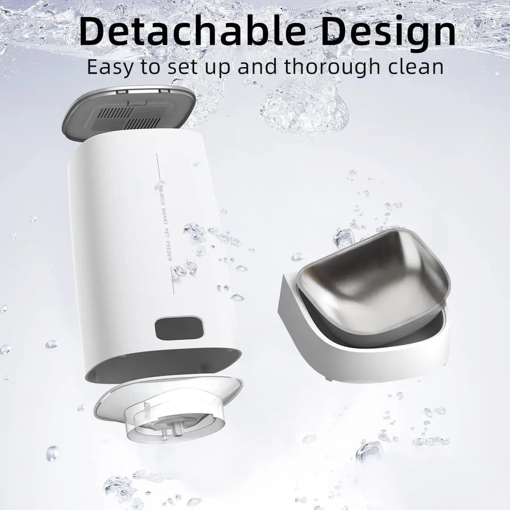 White smart pet feeder in parts, featuring a detachable white container and a stainless steel bowl for easy cleaning.
