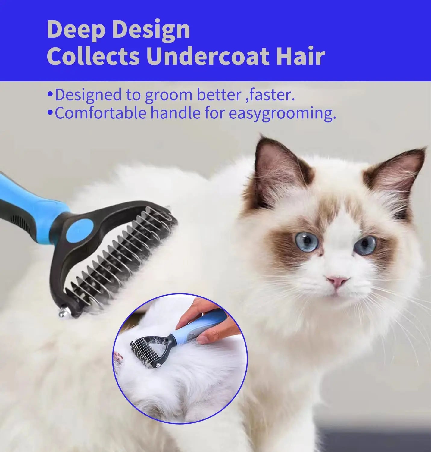 Blue and black pet grooming rake with metal teeth being used to groom a fluffy white cat.