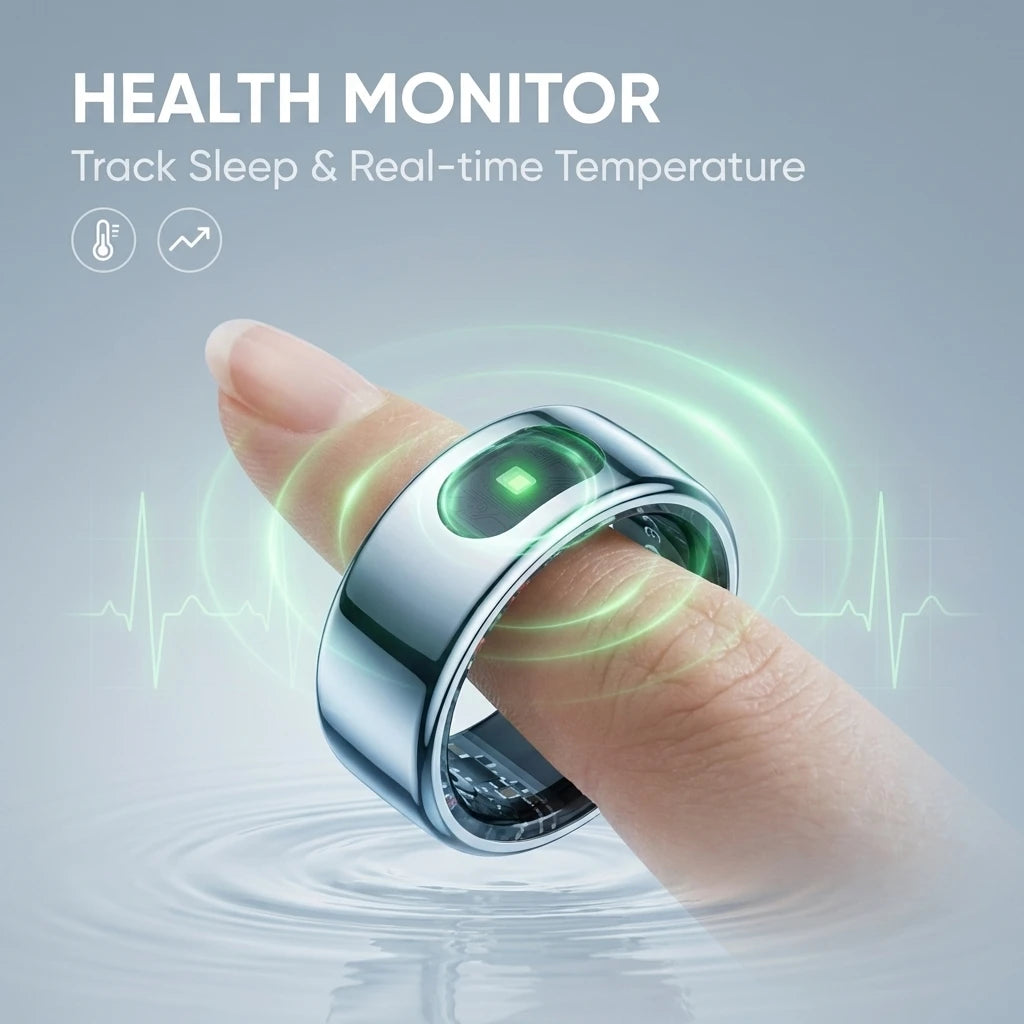 Sleek silver smart health ring on a finger, featuring a glowing sensor to track sleep and skin temperature.