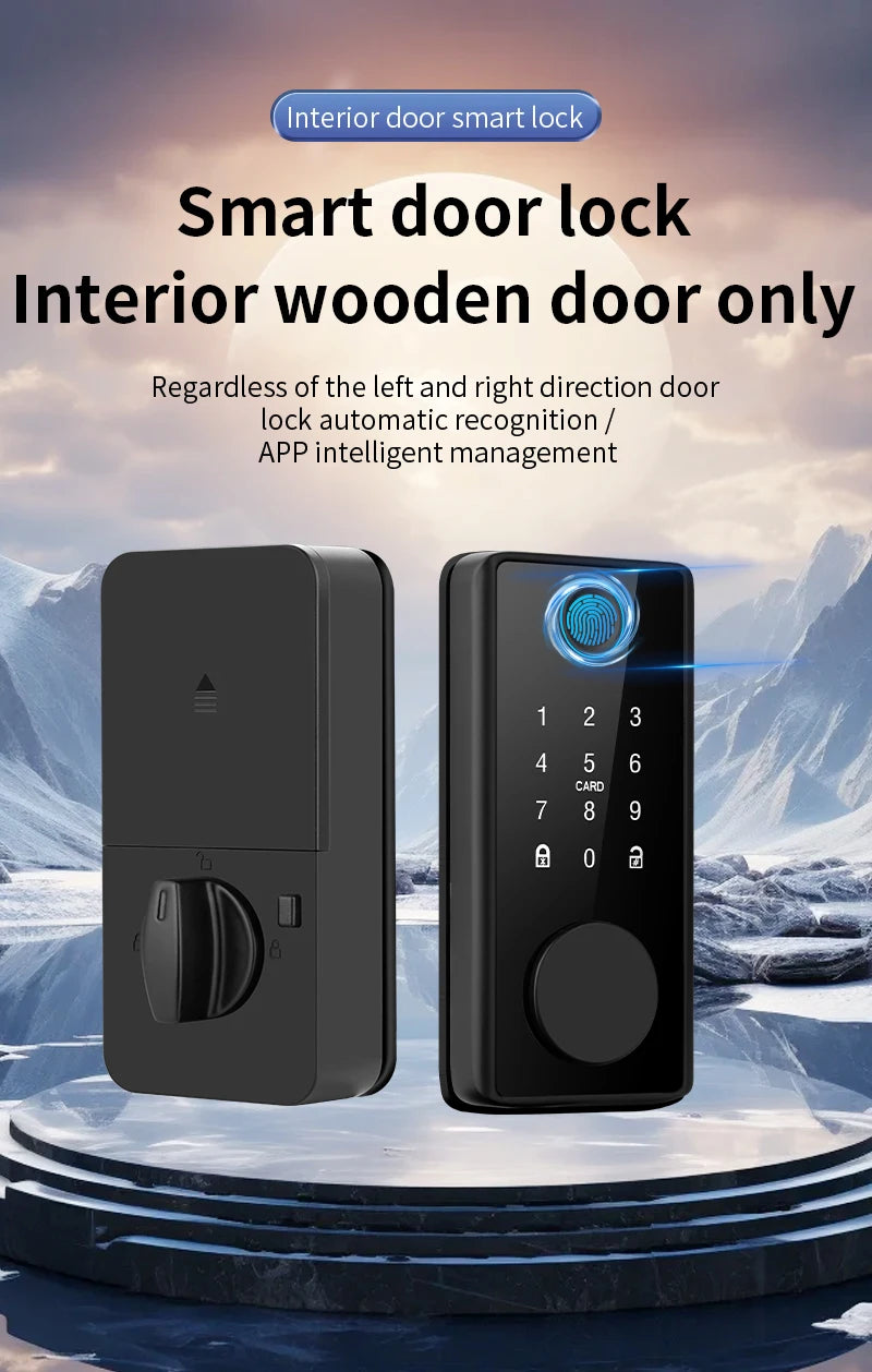 Black smart door lock for wooden doors with a digital keypad, fingerprint scanner, and manual interior turn knob.