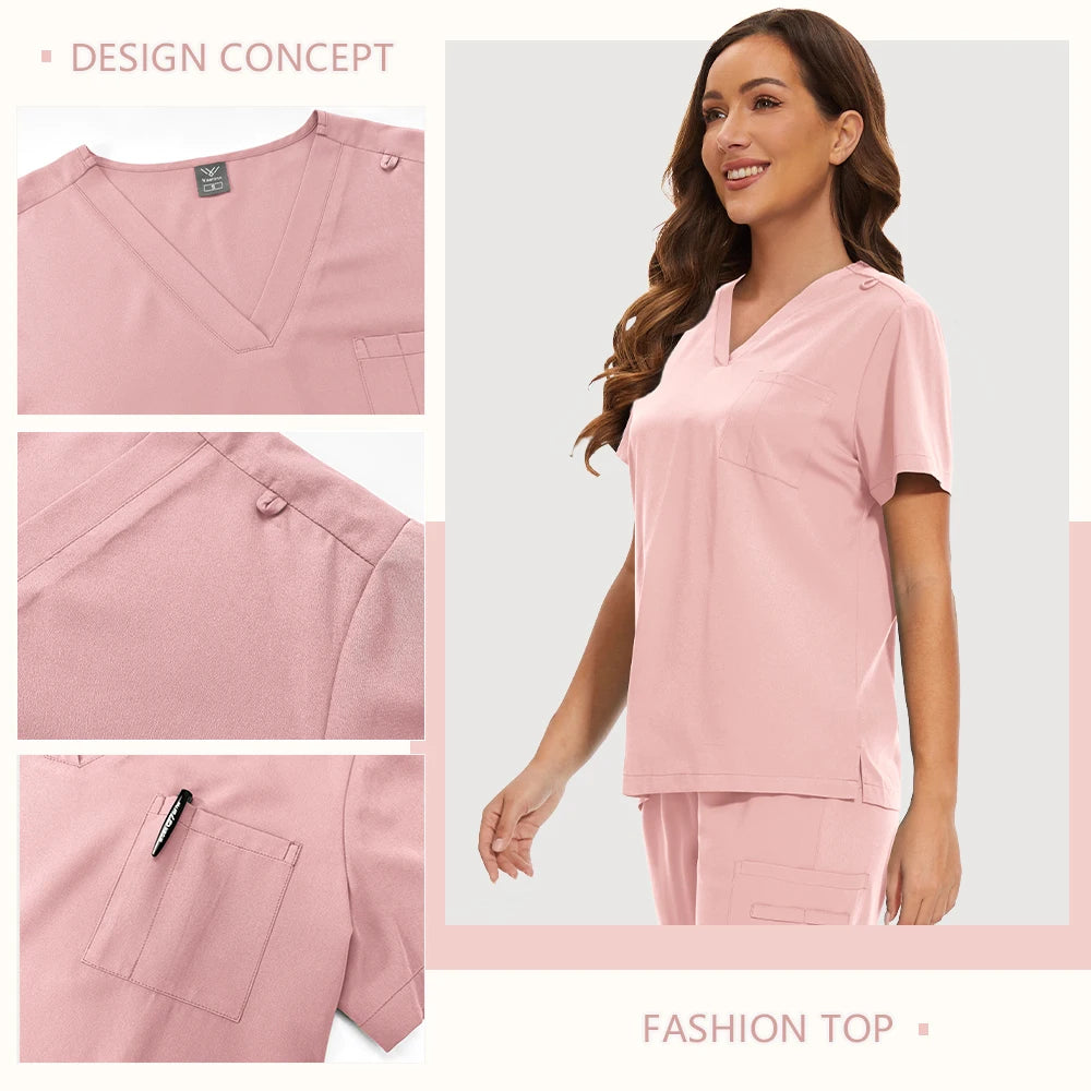 A woman wearing a dusty pink V-neck scrub top and matching trousers featuring utility pockets and an ID loop.