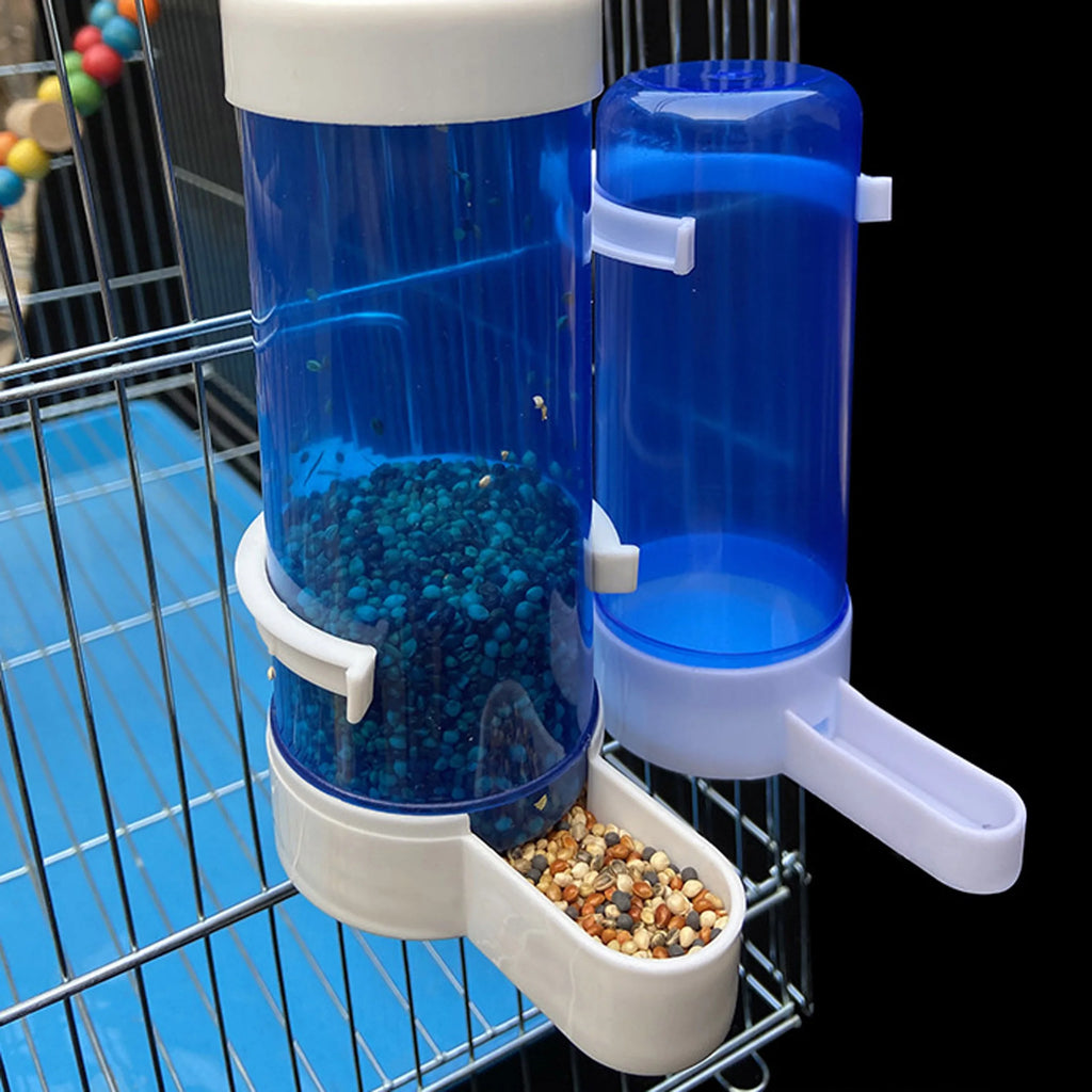 Blue plastic bird feeders with white bases attached to a wire cage, one filled with seeds and one empty.