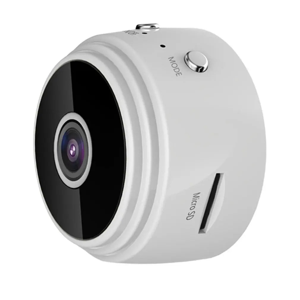 Small round white plastic security camera with a black lens, side mode button, and a micro SD card slot.