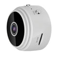 Small round white plastic security camera with a black lens, side mode button, and a micro SD card slot.