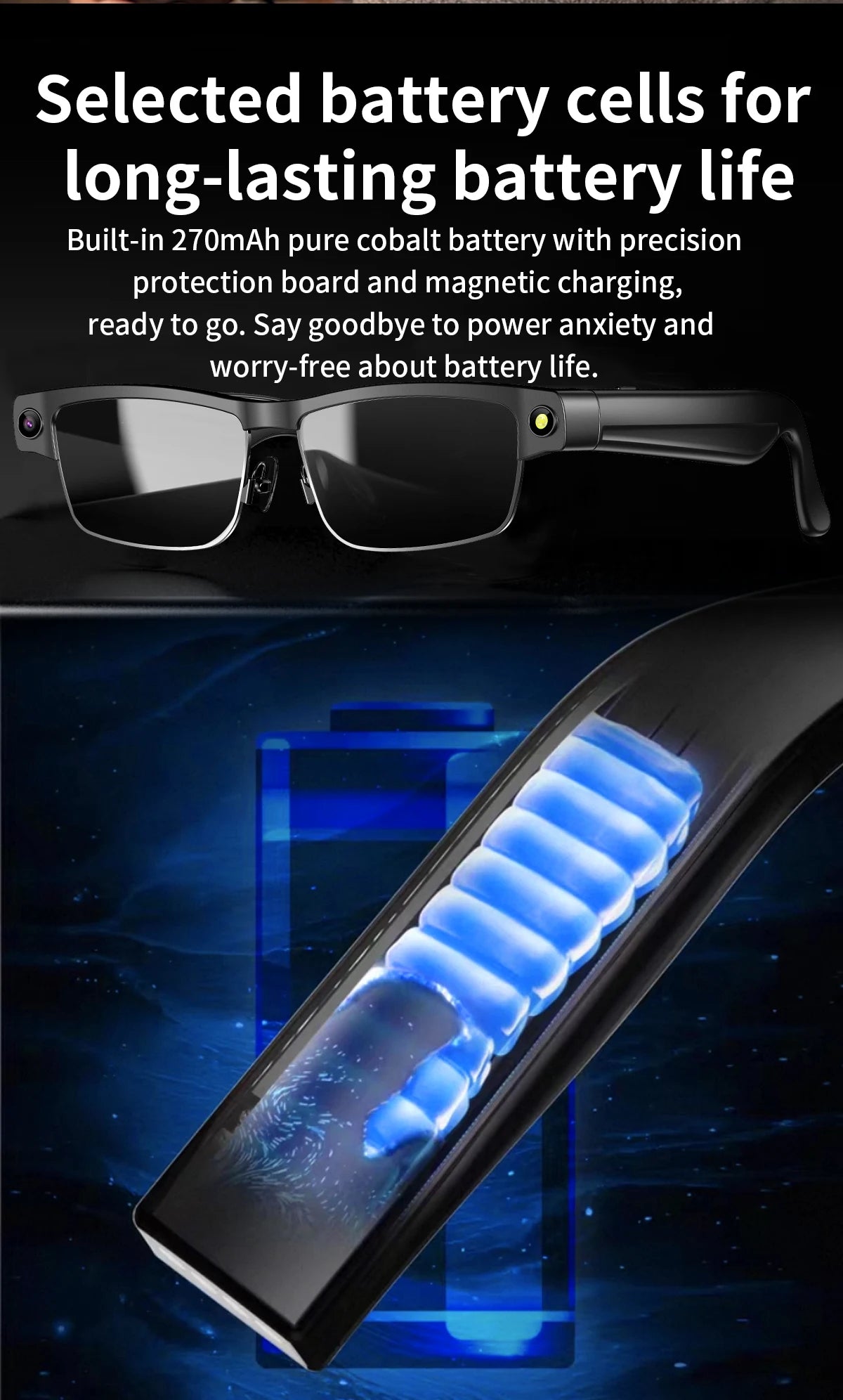 Sleek black AI smart glasses with a built-in camera, featuring a long-lasting rechargeable battery design.