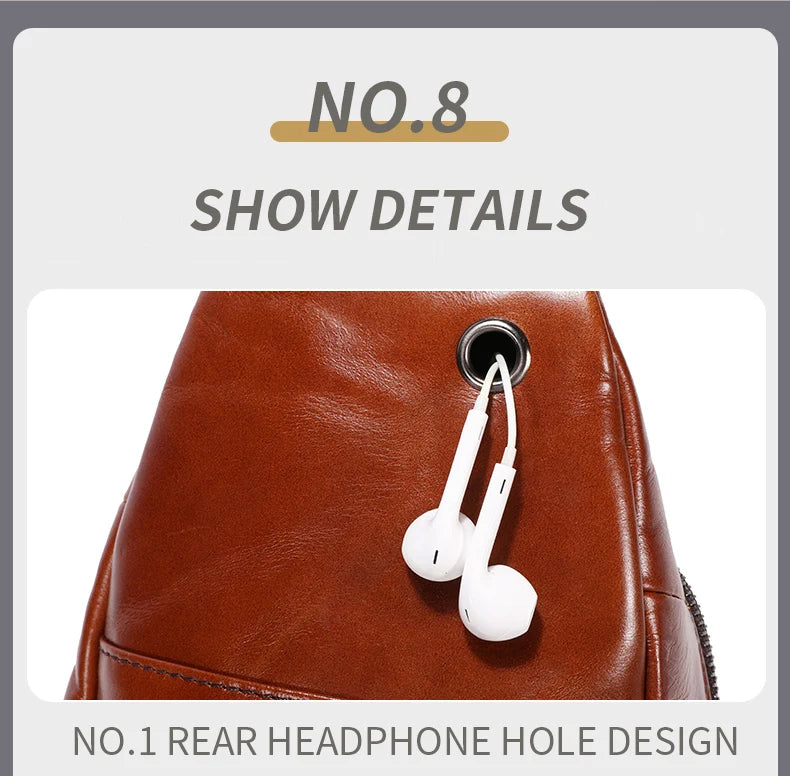 Close-up of a tan brown leather sling bag featuring a built-in earphone cable port.