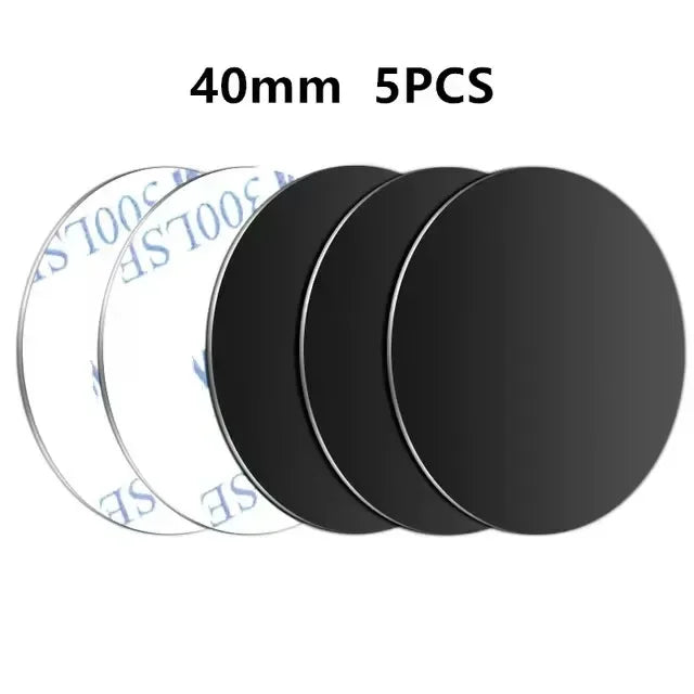 Five 40mm round adhesive magnetic disks, black finish with peel-off backing.