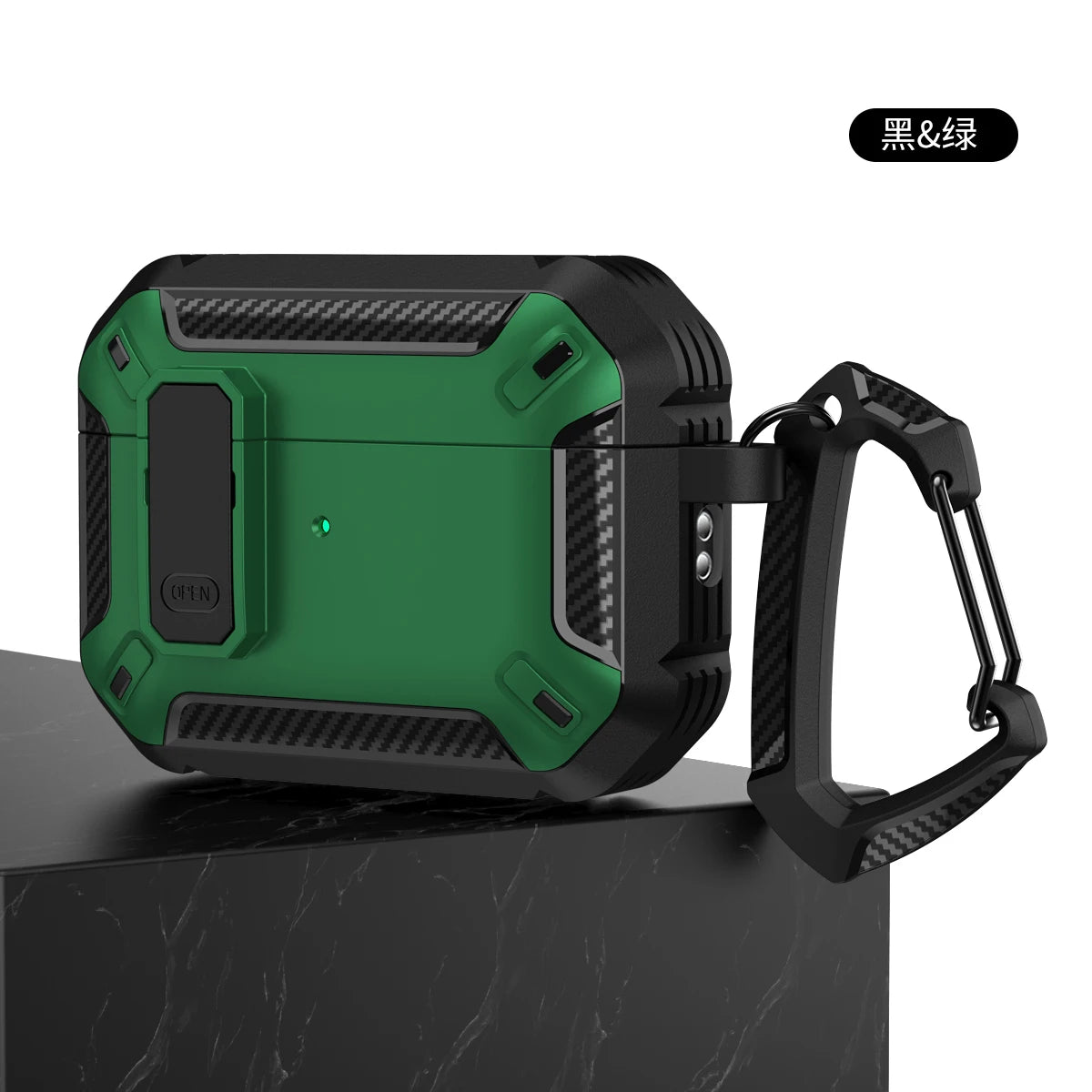 Rugged, green and black protective case for AirPods Pro, featuring carbon fibre texture and a sturdy carabiner clip.