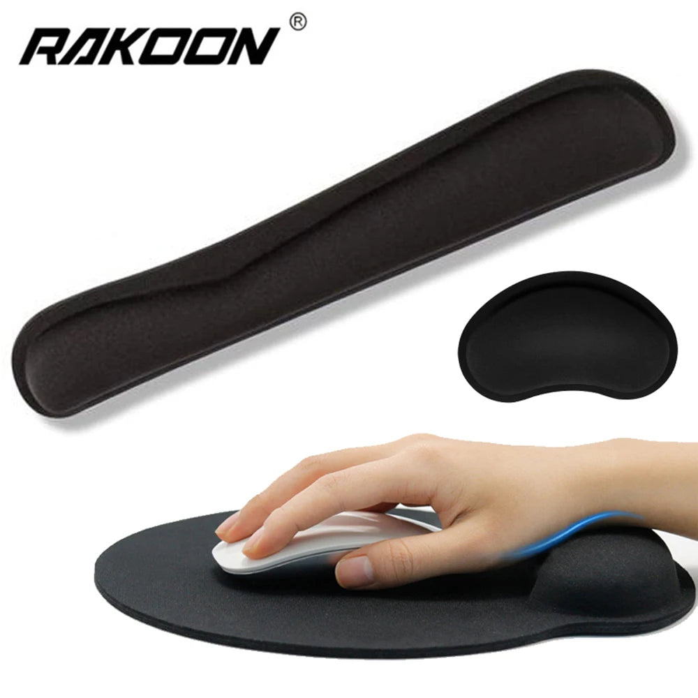 Black memory foam keyboard and mouse wrist rest set with an ergonomic mouse pad.
