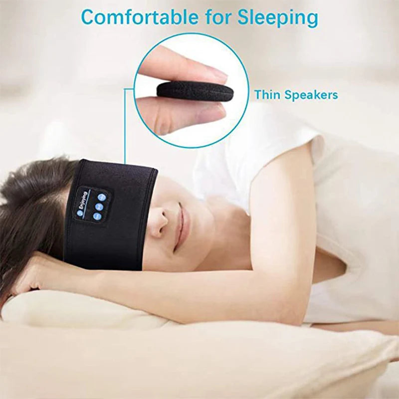 A person wears a black wireless Bluetooth music headband/sleep mask with comfortable, ultra-thin internal speakers.