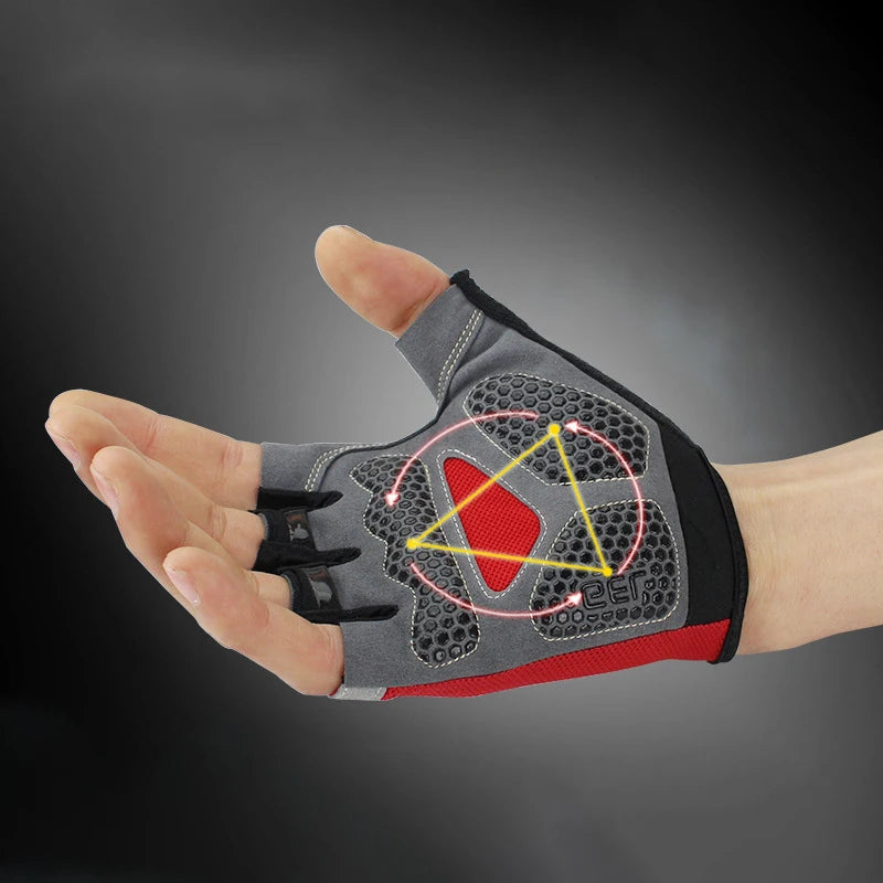 Grey and red fingerless sports glove with black honeycomb grip padding and an overlaid yellow triangle diagram.