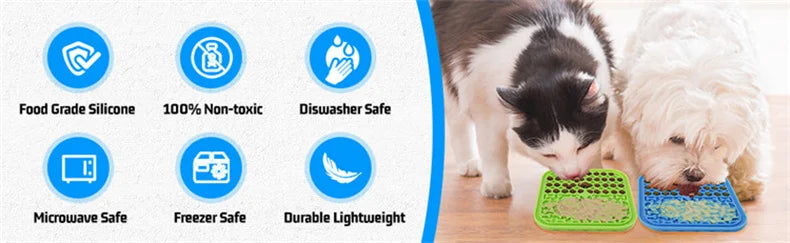 A cat and a small dog eat from green and blue silicone lick mats, with icons detailing safety and durability features.
