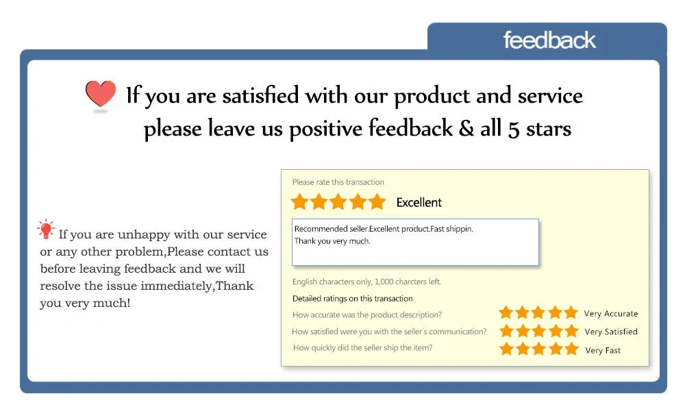 A white informational card asking for 5-star feedback, with a rating form example showing five gold stars.