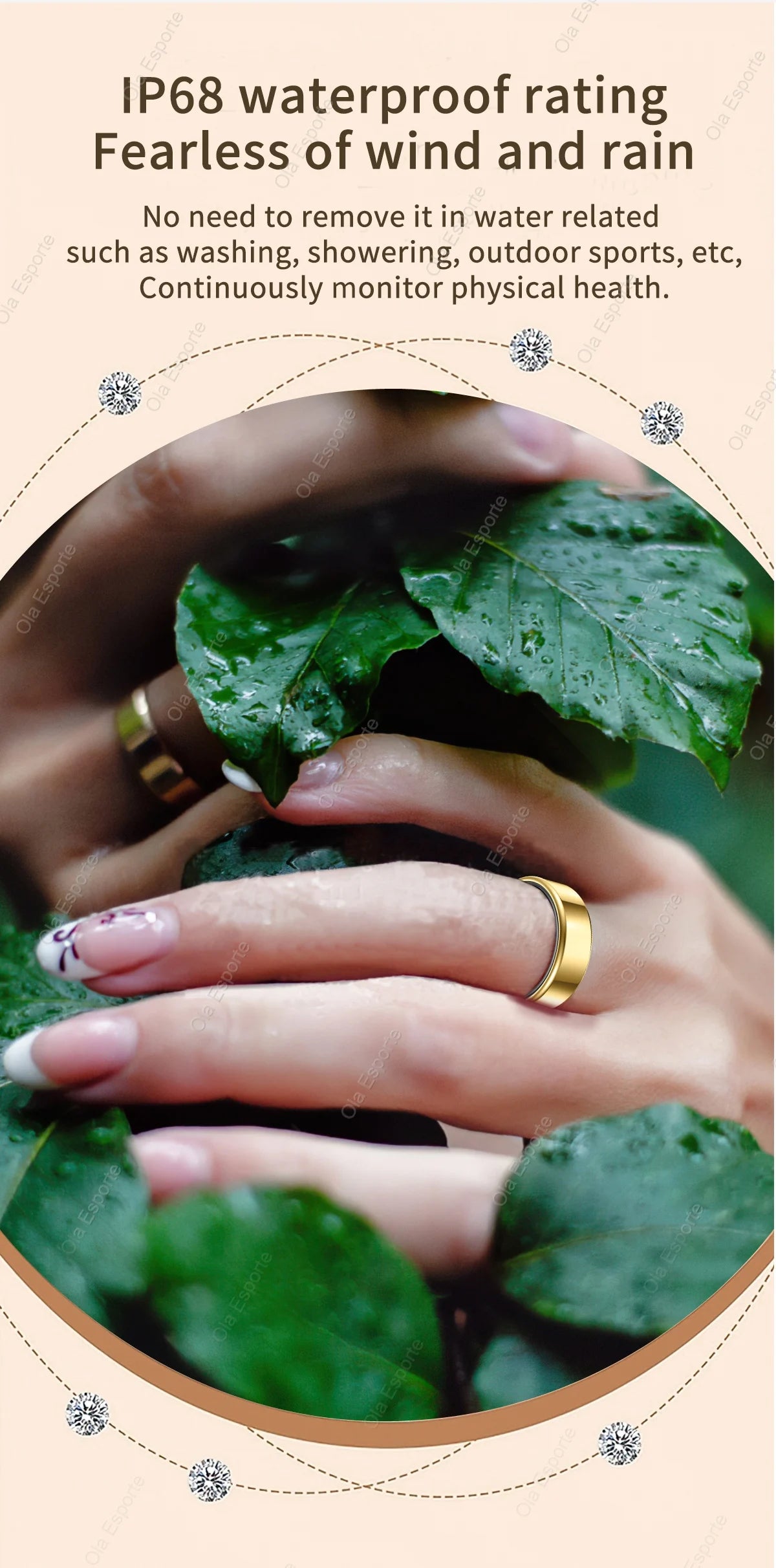 A sleek, gold-coloured smart fitness ring worn on a finger against a lush green background. IP68 waterproof design.