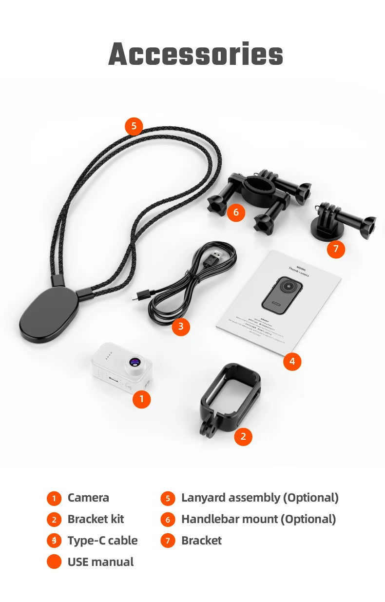 White compact camera, black lanyard, mounts, Type-C cable, and manual on a white background.