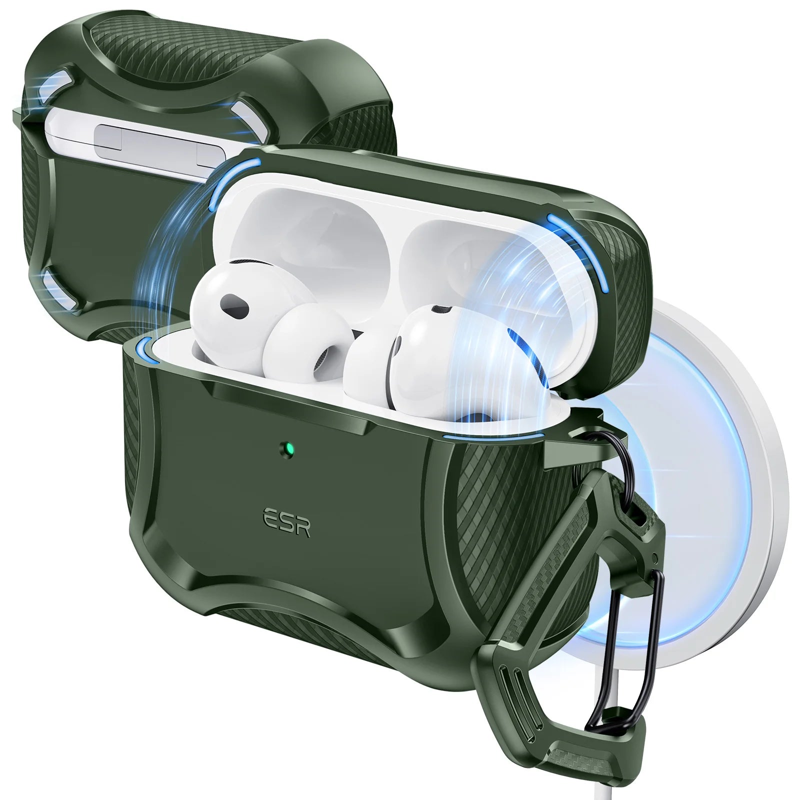 Rugged dark green ESR protective case for AirPods Pro, featuring a textured design and carabiner clip.