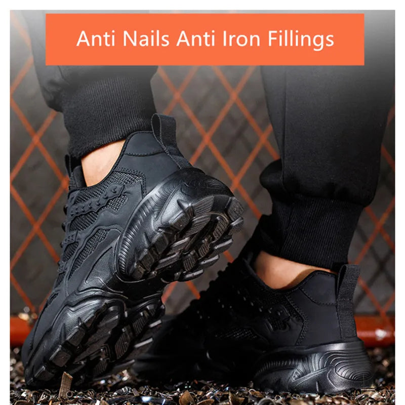 Black safety work sneakers with puncture-proof soles, steel toes, and textured treads.
