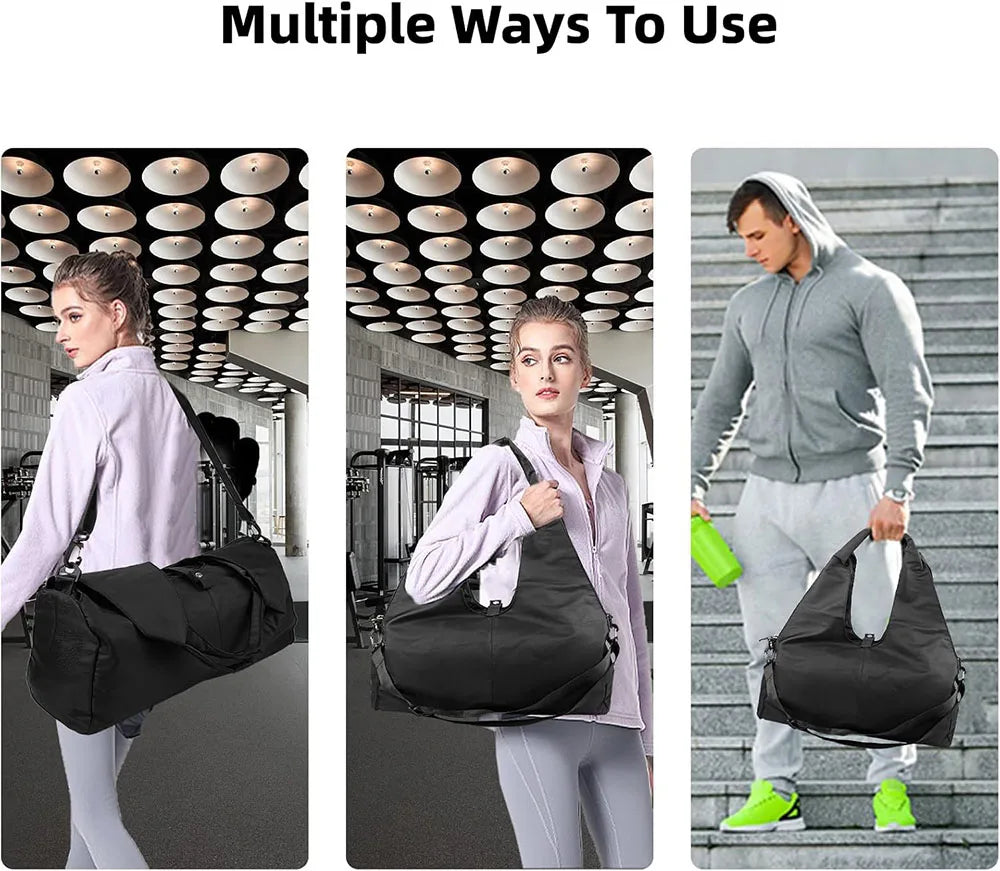 Three photos show a person holding a black duffel bag on the shoulder or hand.