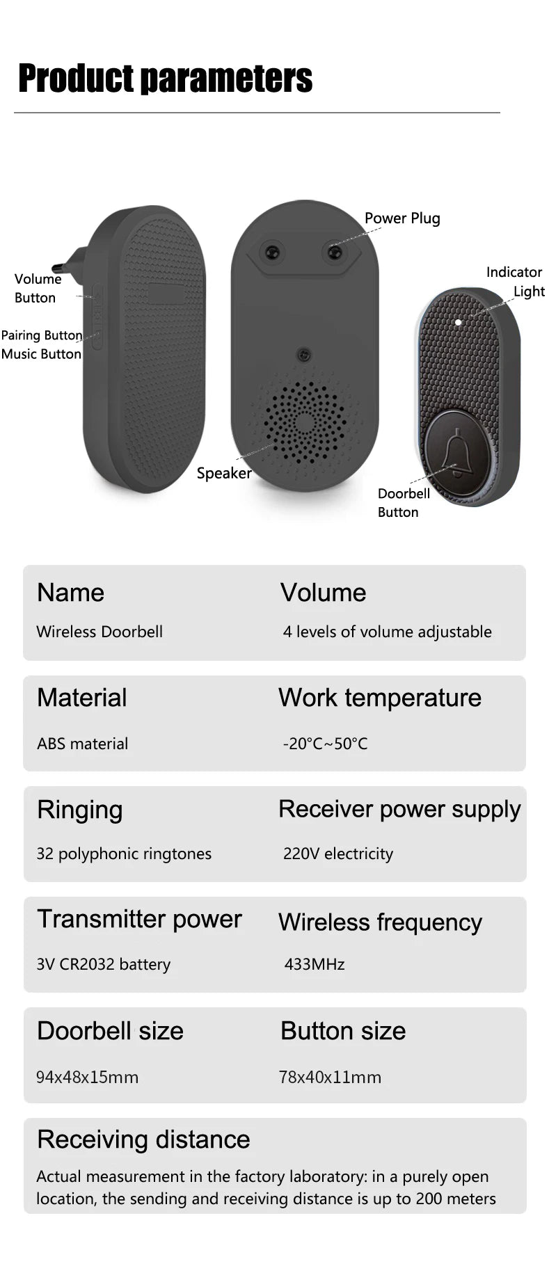Grey wireless doorbell with 32 ringtones, adjustable volume, and a 200m range. Includes plug-in receiver and button.