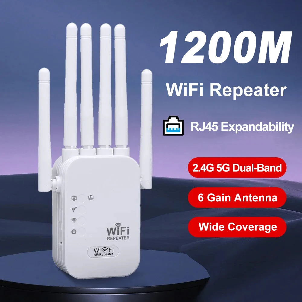 White 1200Mbps WiFi range extender with four external antennas, dual-band support and Ethernet port.