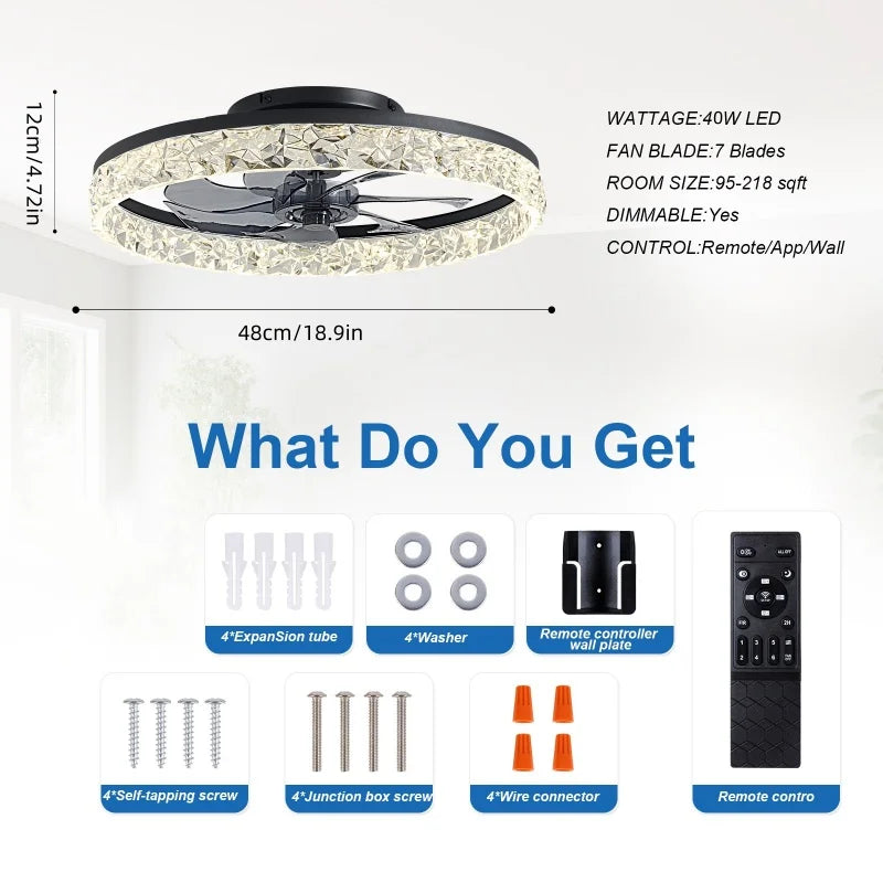 18.9in black smart LED ceiling fan with 7 blades, crystal-effect light rim, remote control, and installation kit.