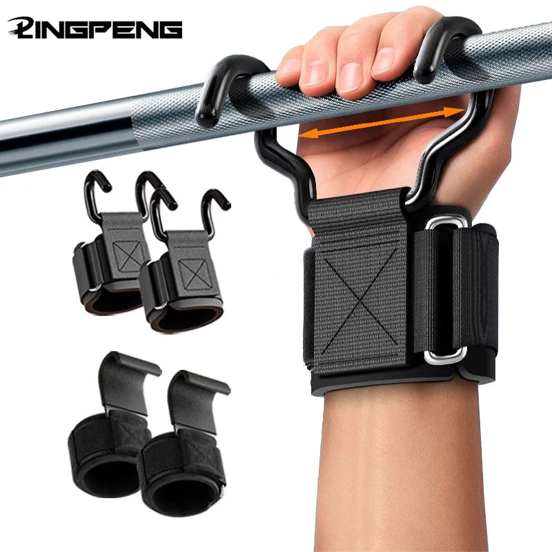 Black weightlifting wrist hooks with padded velcro straps, shown in use on a barbell and as separate pairs.