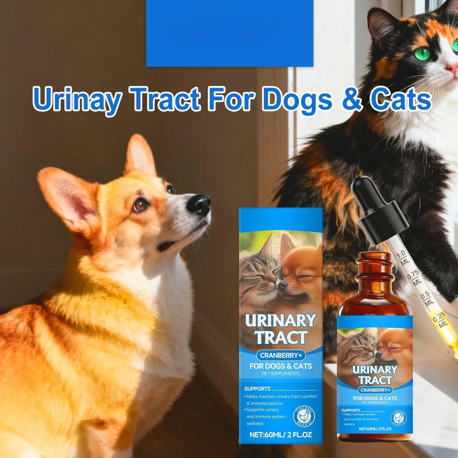 Urinary tract supplement for dogs and cats in an amber glass dropper bottle, packaged in a blue box with pet photos.