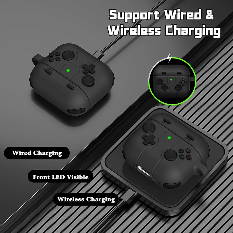 Matte black silicone AirPods Pro case designed as a retro gaming controller, featuring wired and wireless charging.