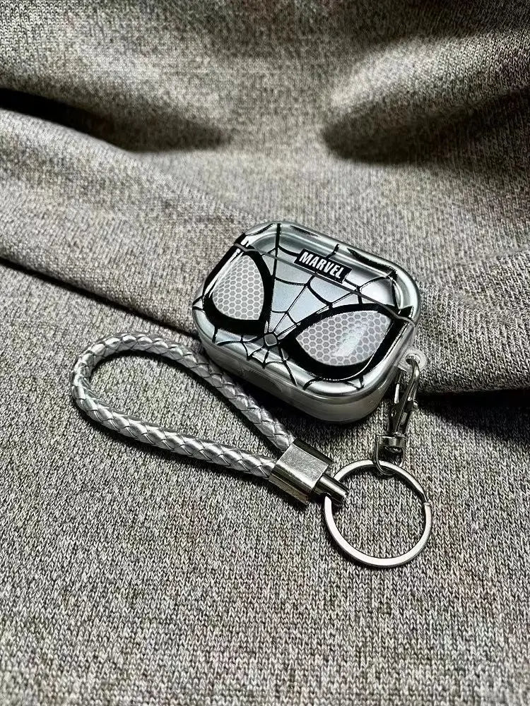 Clear Marvel Spider-Man hard shell AirPods Pro case with a braided silver lanyard and keyring attachment.